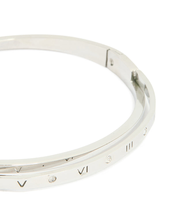 Waterproof Stainless Steel Diamante Roman Numeral Hinge Bangle