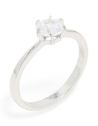 Presenting a waterproof stainless steel diamante solitaire band ring in silver and clear stone with statement details close up view - link has visual effect only