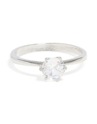 This waterproof stainless steel diamante solitaire band ring features silver and clear stone statement elements front view - link has visual effect only