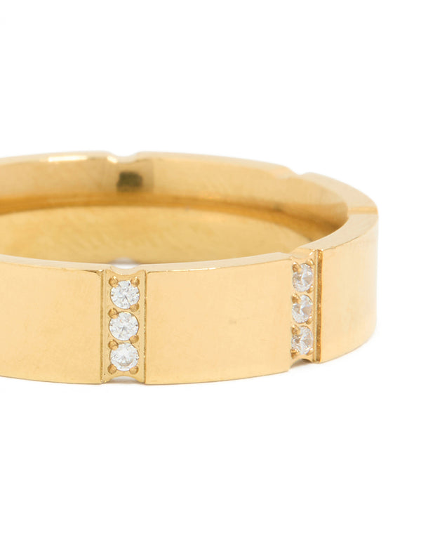 Waterproof Gold Plated Stainless Steel Cubic Zirconia Trio Stripe Ring