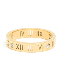 Crafted from waterproof gold plated stainless steel featuring roman numerals and cubic zirconia band ring front view - link has visual effect only