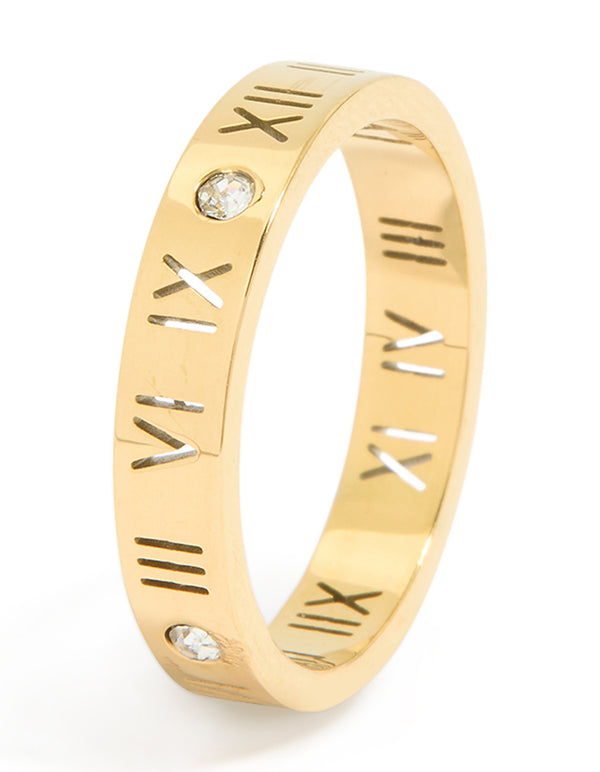 Featuring waterproof gold plated stainless steel with roman numerals and cubic zirconia band ring side detail view