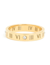 Highlighting waterproof gold plated stainless steel with roman numerals and cubic zirconia band ring close up view - link has visual effect only