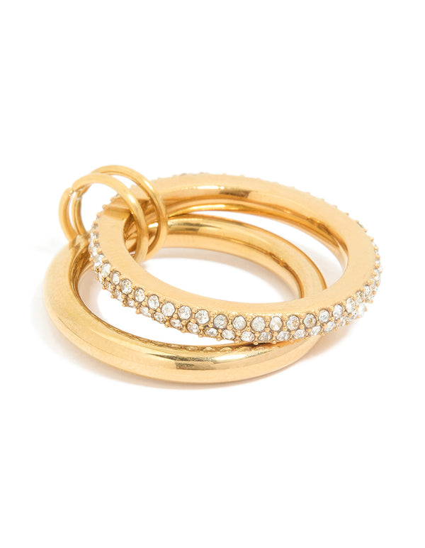 Waterproof Gold Plated Stainless Steel Cubic Zirconia Spinner Rondell Stacked Ring