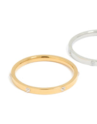 Crafted from waterproof mixed metals plated stainless steel, skinny cubic zirconia dot rings 2-pack in gold and silver close up view - link has visual effect only