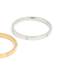 Designed with waterproof mixed metals plated stainless steel, skinny cubic zirconia dot rings 2-pack in gold and silver side detail view - link has visual effect only