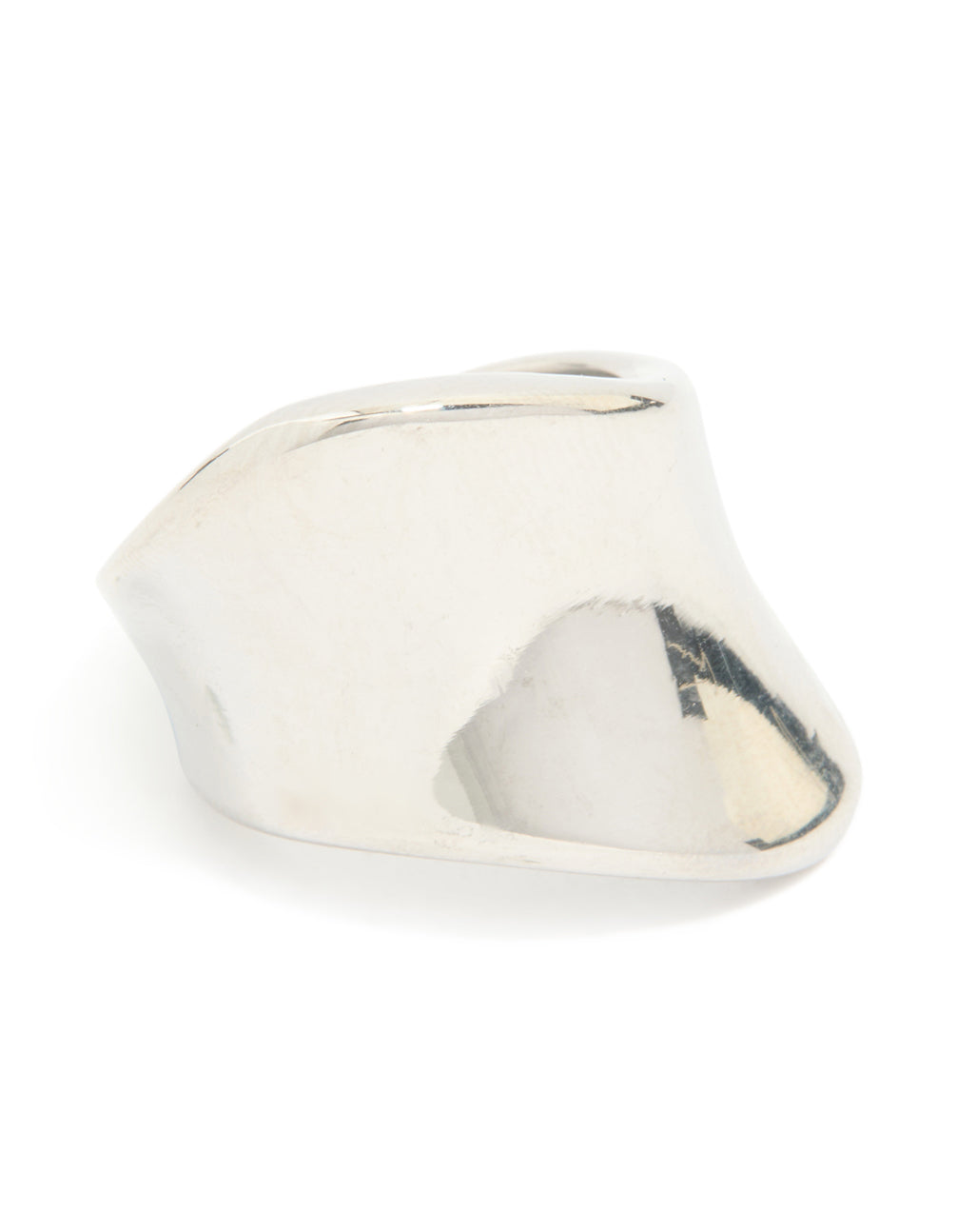 An organic smooth ring crafted from waterproof stainless steel in silver with twisted, abstract detailing close up view