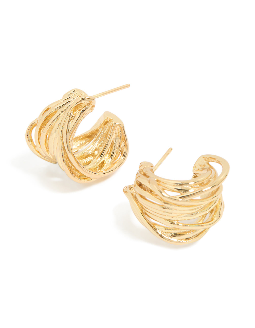 Showcasing waterproof gold plated stainless steel multi row huggie earrings with textured layered design front view