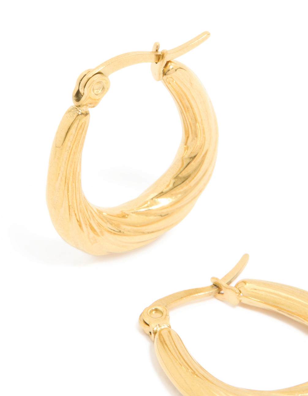 Waterproof twisted hoop earrings in gold plated stainless steel with clasp detail close up view
