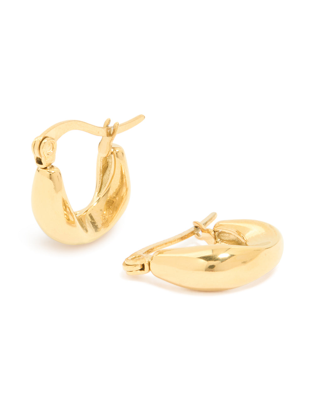 Crafted from waterproof gold plated stainless steel organic teardrop hoop earrings front view