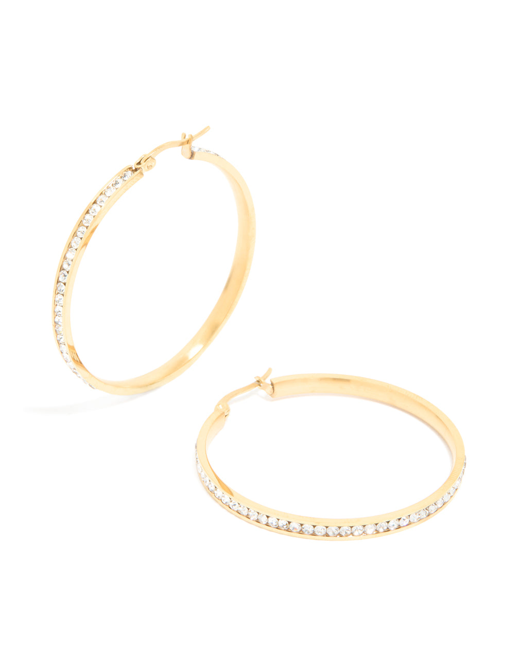 Presenting waterproof gold plated stainless steel diamante hoop earrings 45 MM front view