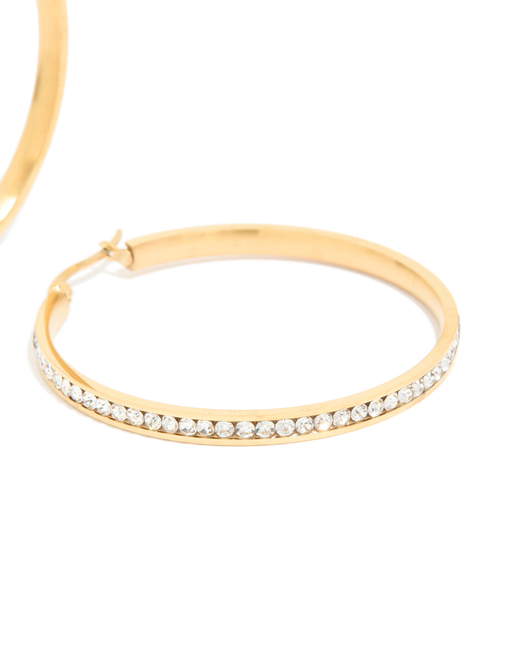 Designed with waterproof gold plated stainless steel diamante hoop earrings 45 MM post detail view