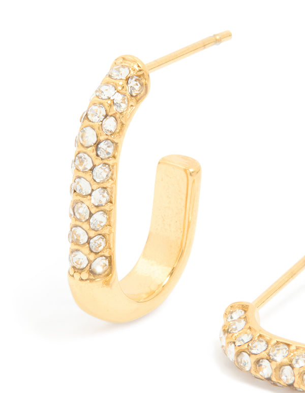 Waterproof Gold Plated Stainless Steel Diamante Half Oval Hoop Earrings