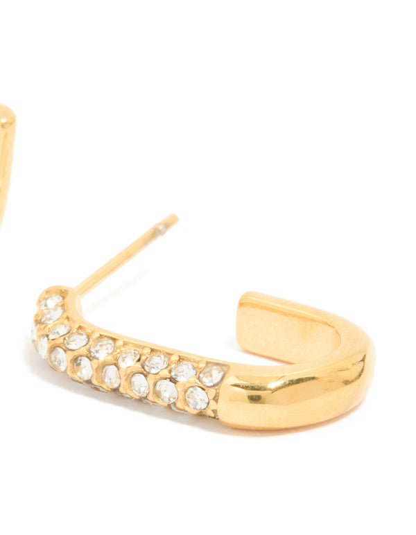 Waterproof Gold Plated Stainless Steel Diamante Half Oval Hoop Earrings