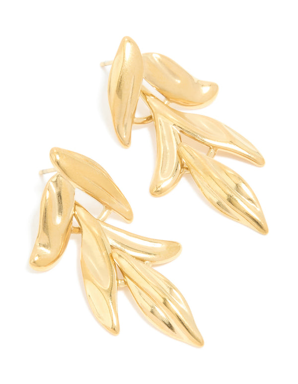 Waterproof Gold Plated Stainless Steel Cascading Leaf Drop Stud Earrings