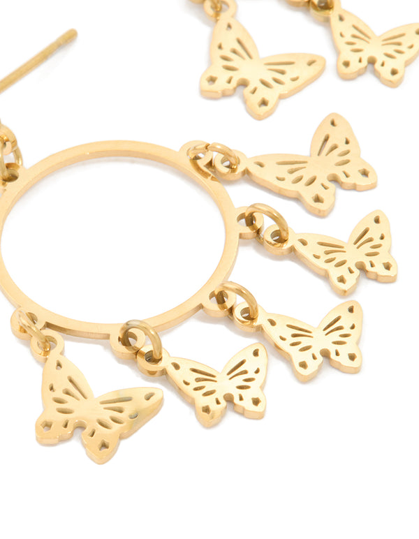 Waterproof Gold Plated Stainless Steel Butterfly Charms Hoop Earrings