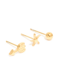 Waterproof Gold Plated Stainless Steel Mixed Motif Stud Earrings 3-Pack - link has visual effect only