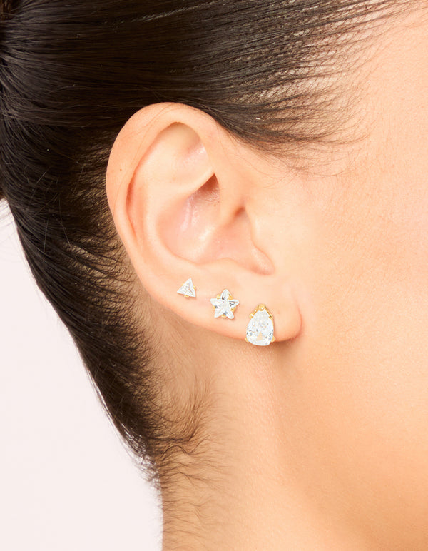 Waterproof Gold Plated Stainless Steel Cubic Zirconia Mixed Cut Stud Earrings 3-Pack