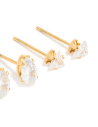 Waterproof Gold Plated Stainless Steel Cubic Zirconia Mixed Cut Stud Earrings 3-Pack - link has visual effect only