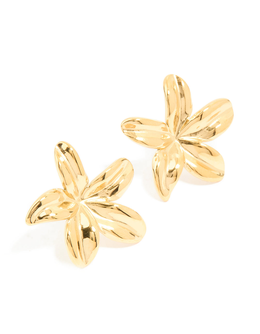 Showcasing waterproof gold plated stainless steel frangipani flower stud earrings in front view