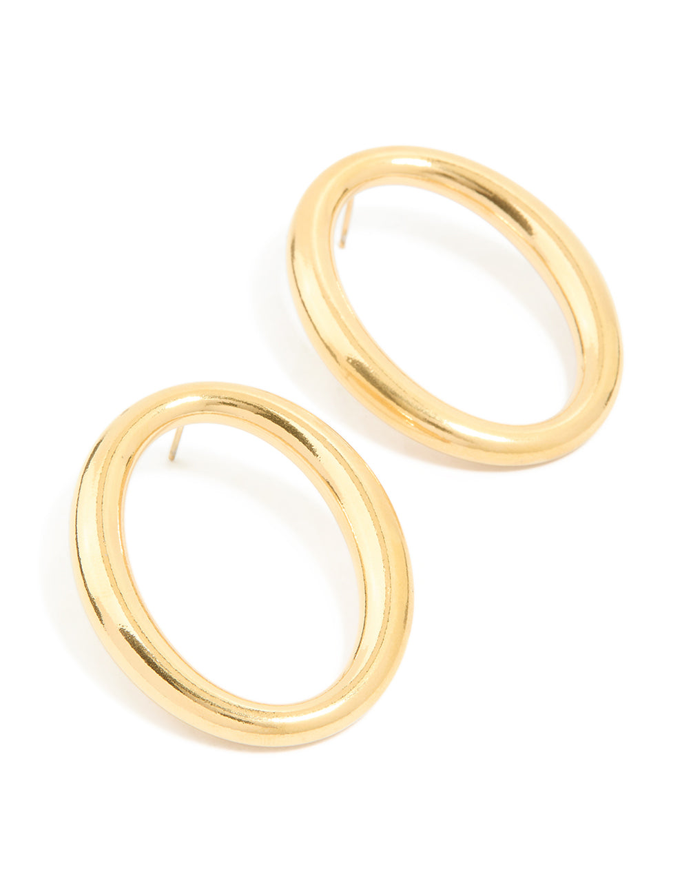 Featuring waterproof stainless steel oval open doughnut stud earrings in gold plated finish front view