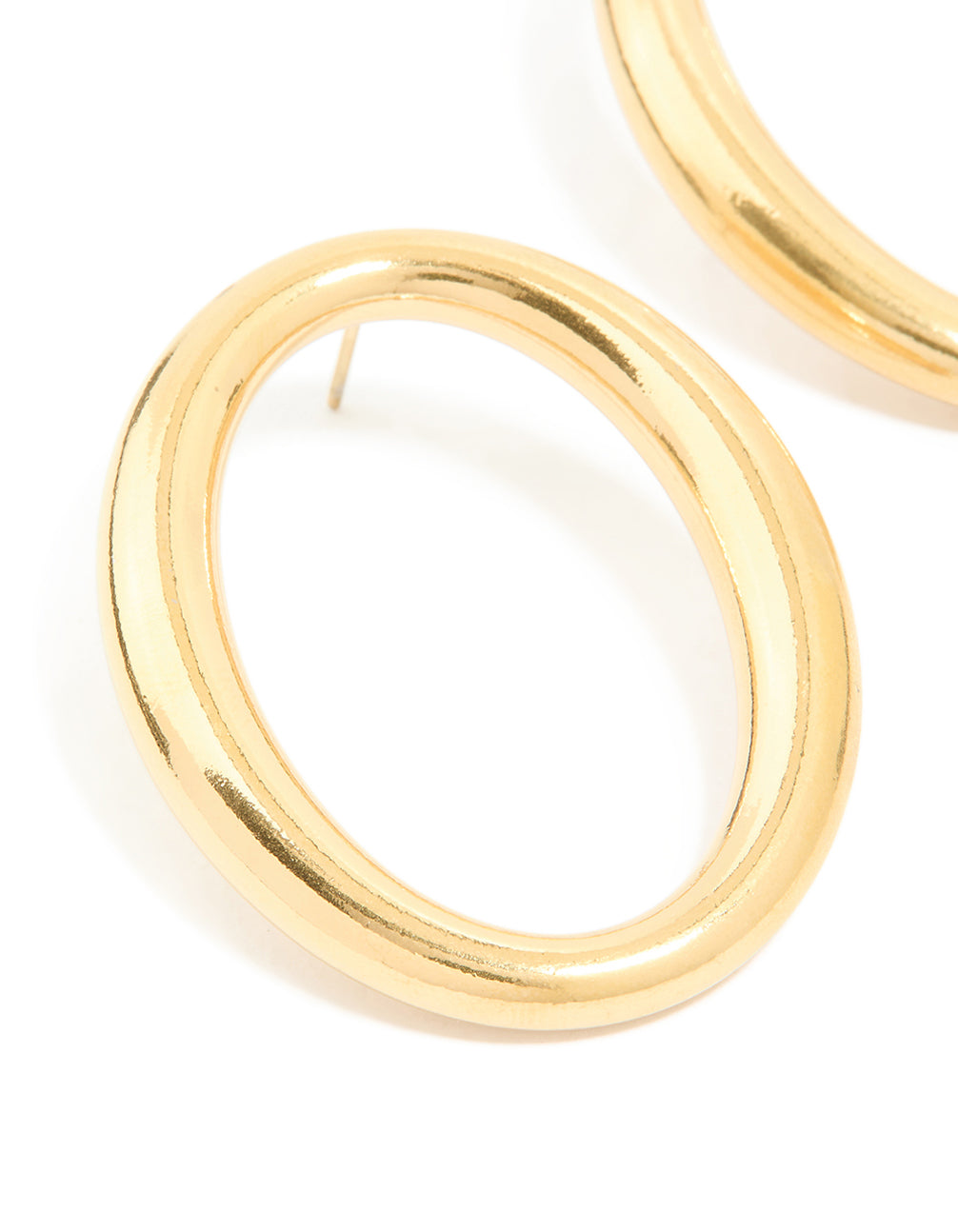 Showcasing waterproof stainless steel oval open doughnut stud earrings with gold plated finish close up view