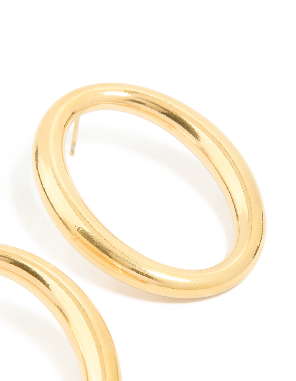 Highlighting waterproof stainless steel oval open doughnut stud earrings in gold plated finish post detail view