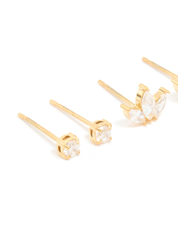 Waterproof Gold Plated Stainless Steel Cubic Zirconia Mixed Shaped Stud Earrings 3-Pack