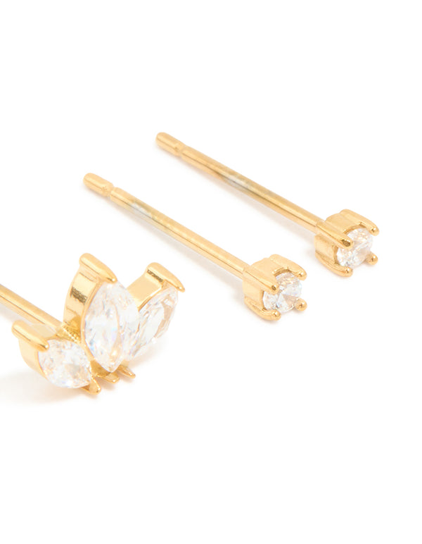 Waterproof Gold Plated Stainless Steel Cubic Zirconia Mixed Shaped Stud Earrings 3-Pack