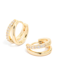 Waterproof Gold Plated Stainless Steel Cubic Zirconia & Double Row Huggie Earrings - link has visual effect only