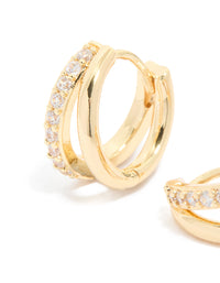 Waterproof Gold Plated Stainless Steel Cubic Zirconia & Double Row Huggie Earrings - link has visual effect only
