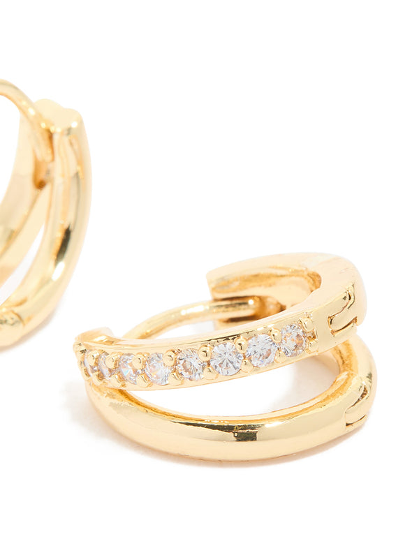 Waterproof Gold Plated Stainless Steel Cubic Zirconia & Double Row Huggie Earrings
