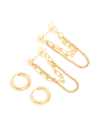Waterproof Gold Plated Stainless Steel Classic Chain Earrings & Huggie Earrings 2-Pack - link has visual effect only