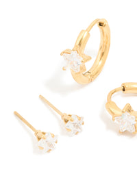 Waterproof Gold Plated Stainless Steel Cubic Zirconia Huggie & Stud Earrings 3-Pack - link has visual effect only
