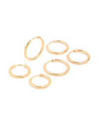 Waterproof Gold Plated Stainless Steel Classic Huggie Clicker Earrings 3-Pack - link has visual effect only