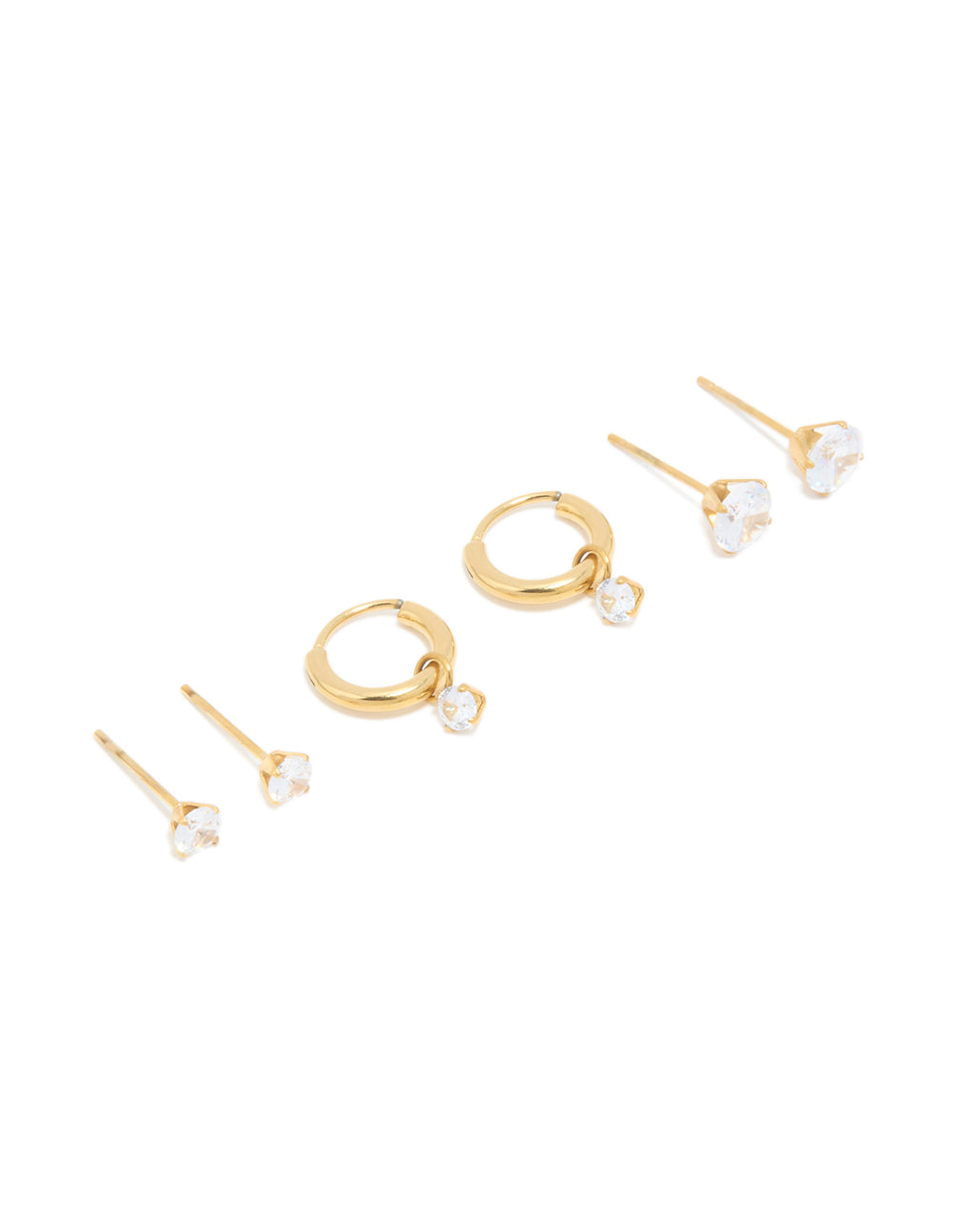Showcasing waterproof gold plated stainless steel cubic zirconia hoop and stud earrings in a 3-pack gold color front view