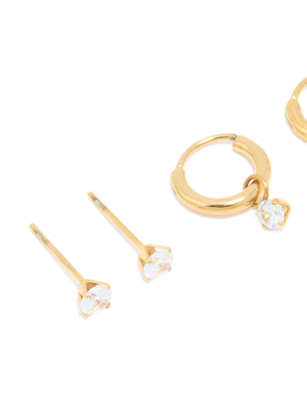 Highlighting waterproof gold plated stainless steel cubic zirconia hoop and stud earrings 3-pack in gold color close up view