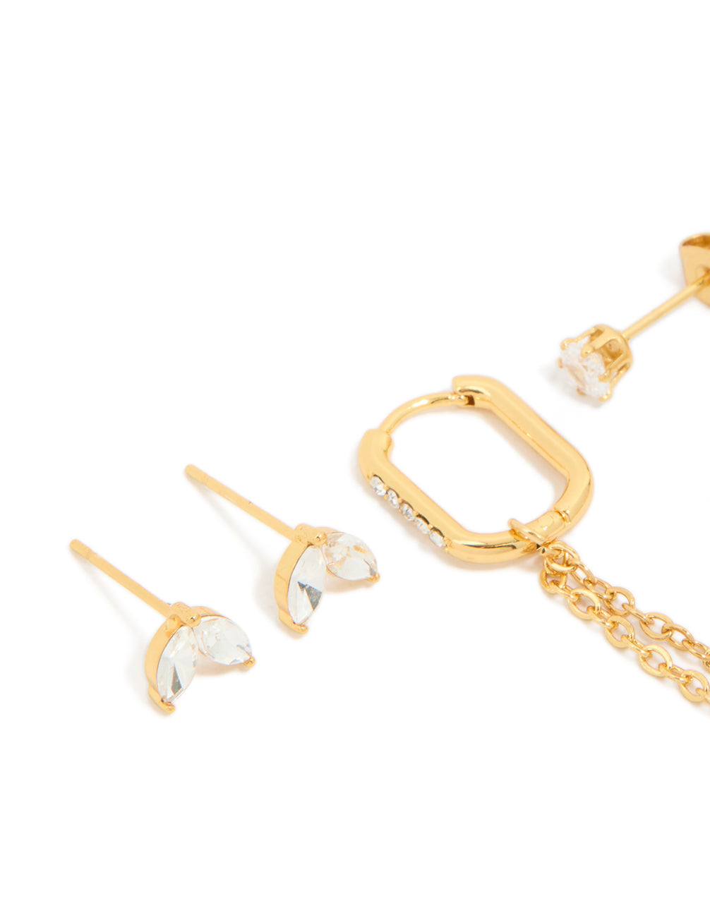 Featuring waterproof gold plated stainless steel cubic zirconia mix earrings in a 3-pack with huggie and stud closures close up view