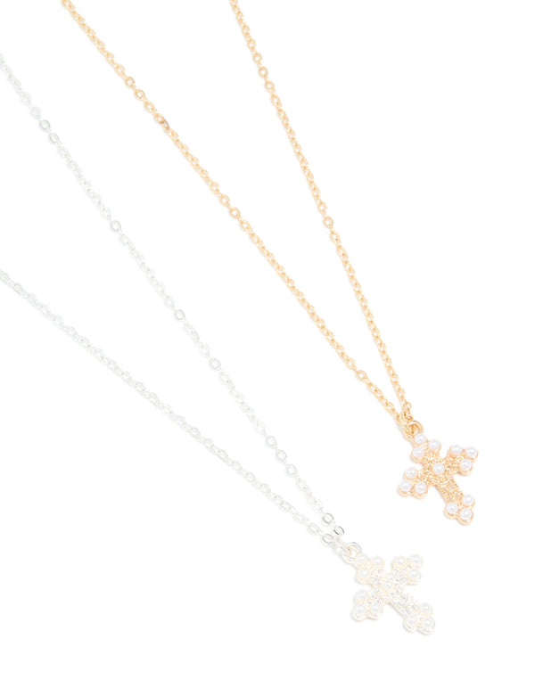 Mixed Metals Pearl Gothic Cross Necklaces 2-Pack