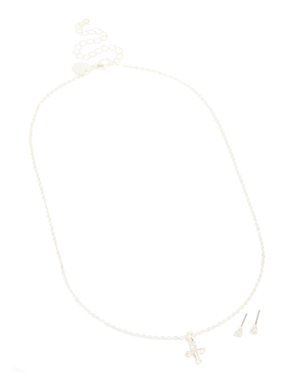 Silver Cubic Zirconia Cross Necklace & Classic Stud Earrings Set