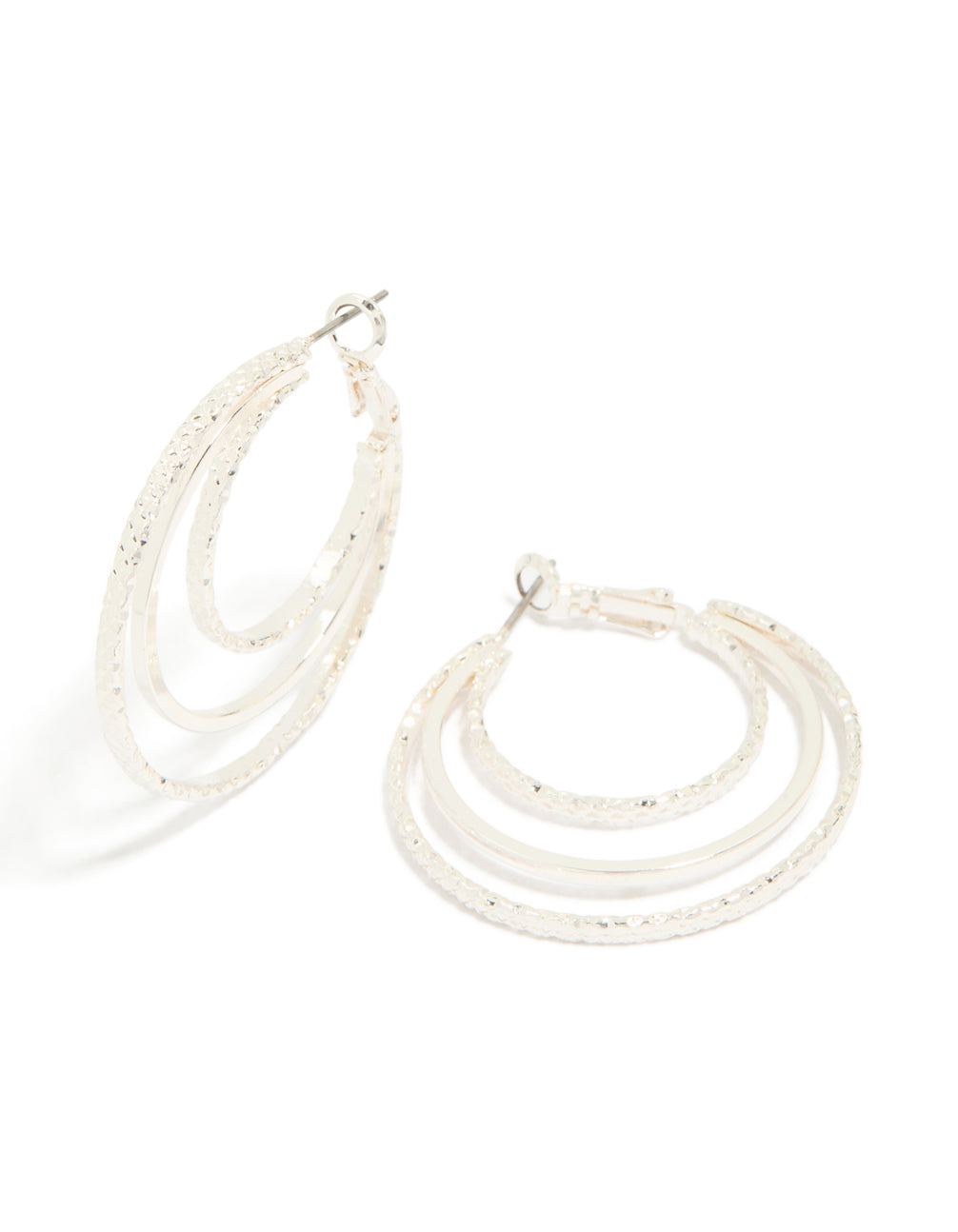 Silver Textured Triple Layer Wire Hoop Earrings