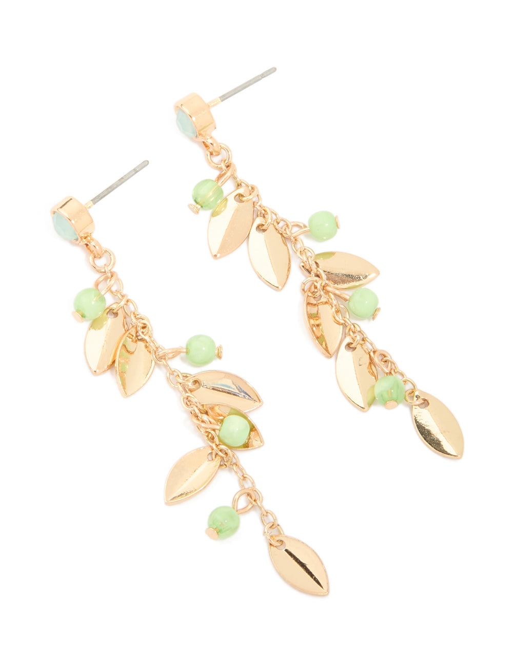 Gold Green Beaded Petal Leaf Drop Earrings