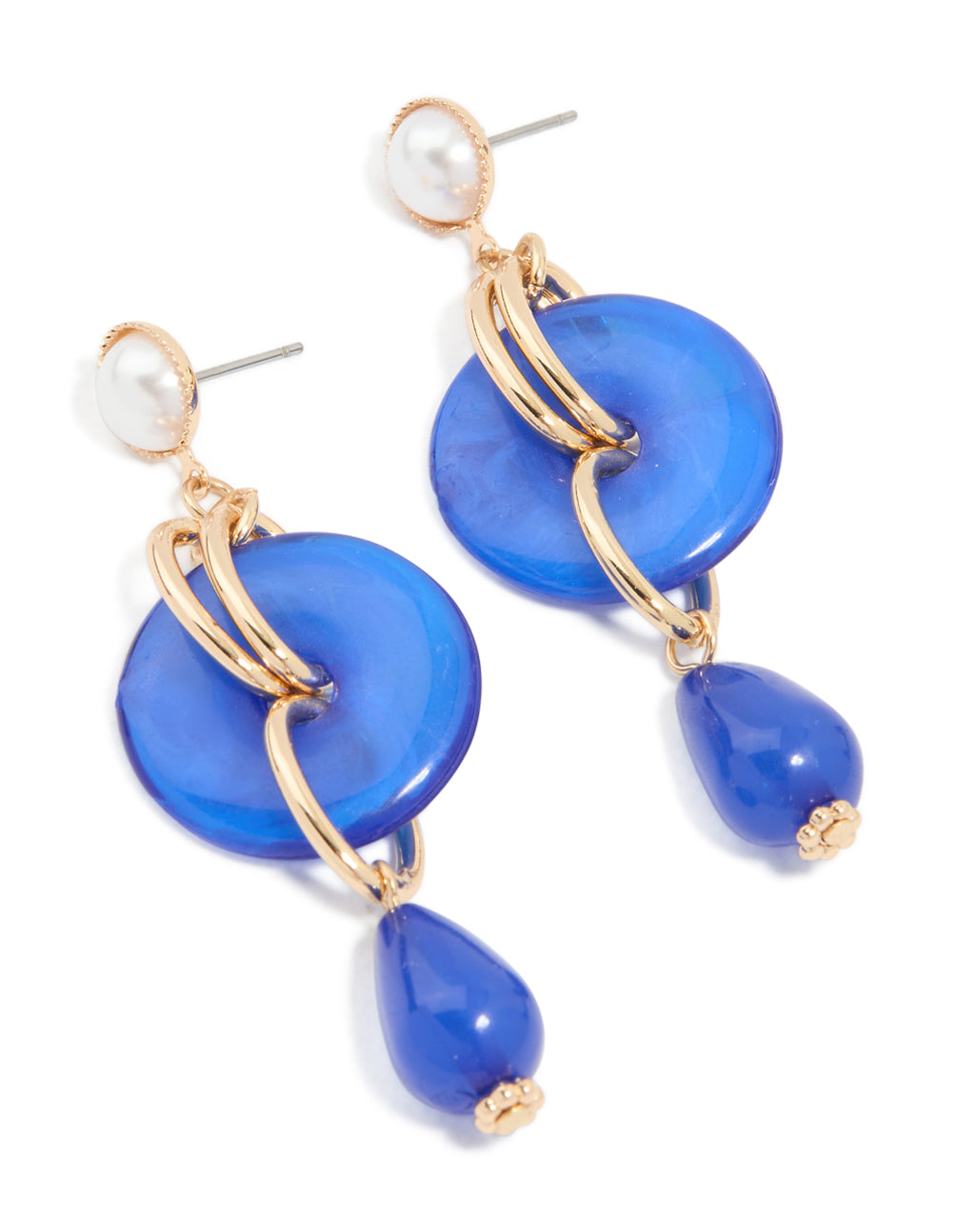 Gold Pearl Wrapped & Dark Blue Beaded Drop Earrings