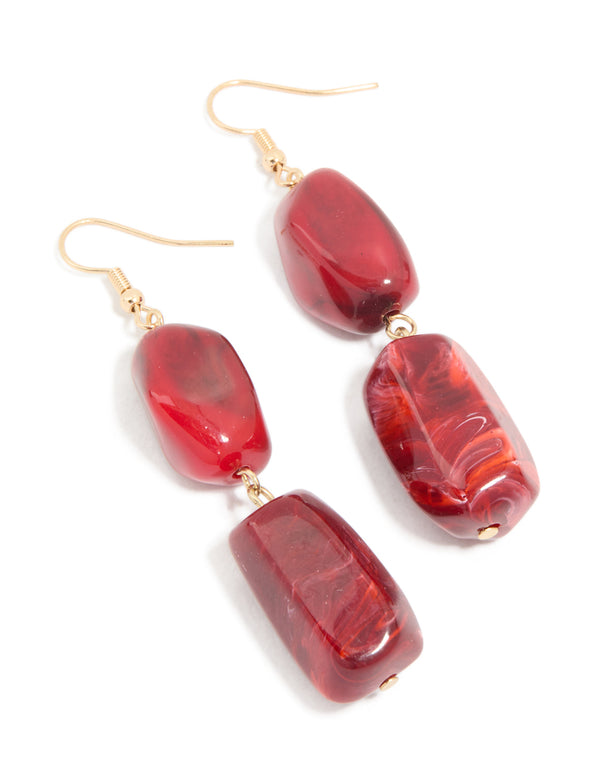 Gold Red Beaded Rectangular Drop Earrings