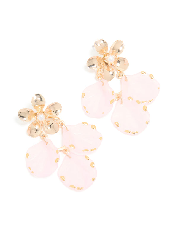 Gold Pink Flower Petal Drop Earrings