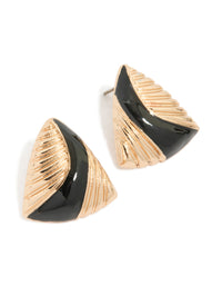 Gold Black Enamel Textured Ribbed Stud Earrings - link has visual effect only