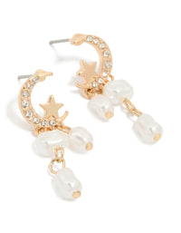 Gold Pearl Diamante Moon & Star Stud Earrings - link has visual effect only