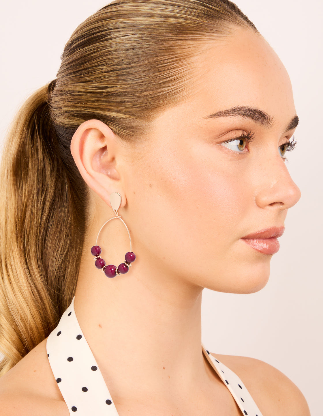 Gold Dark Red Beaded Drop Earrings