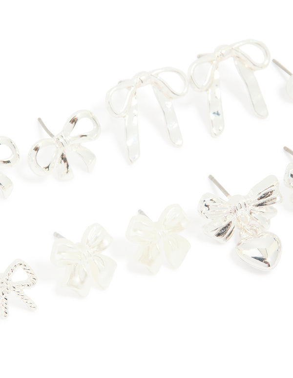 Silver Pearl & Bow Mixed Stud Earrings 8-Pack