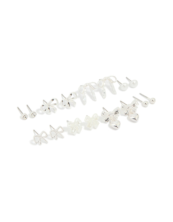 Silver Pearl & Bow Mixed Stud Earrings 8-Pack